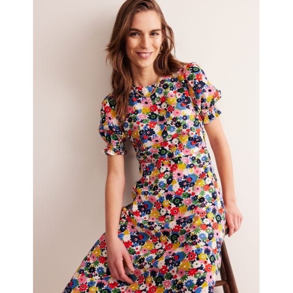Boden Corinne Midi Dress Floral Puff Sleeve Multi Color D0493 Womens 10R